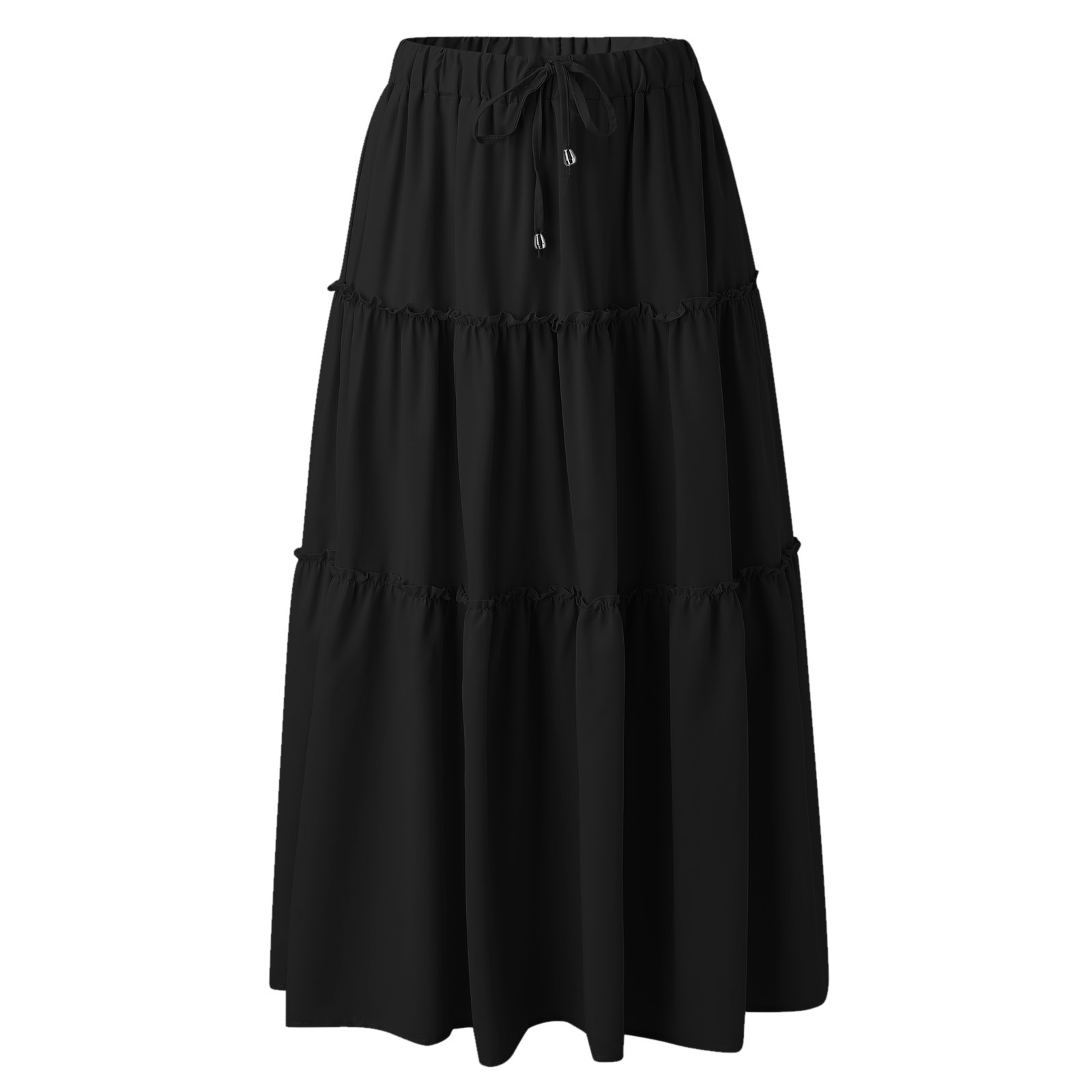 thumbnail image 4 of Falda larga boho elástica de cintura alta para mujer: con volantes, corte en A, cordón, poliéster, para todas las estaciones, tallas S-XL., 4 of 8